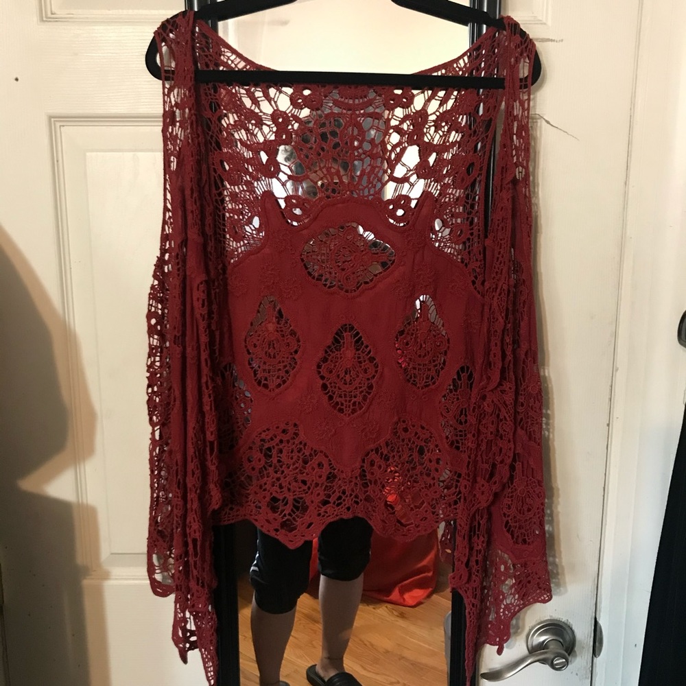 {SOLD} Red/Orange Boho Open Front Crochet Cardigan